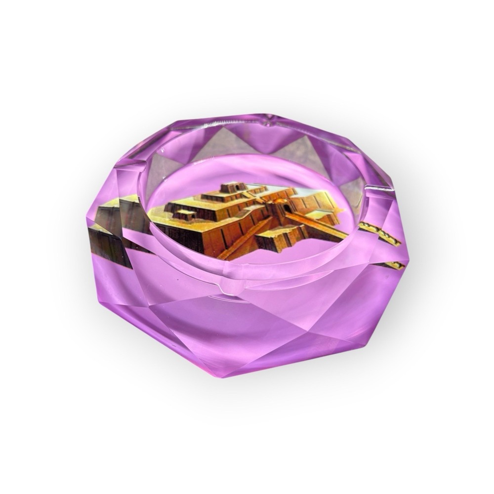 Vintage Iraq Ziggurat of Ur Pink Faceted Art Glass Ashtray Heavy Souvenir Retro